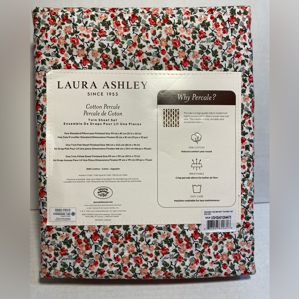 Laura Ashley EMOGENE Red Green White Floral Cotton Percale TWIN Sheet Set 3 pc - Picture 5 of 9